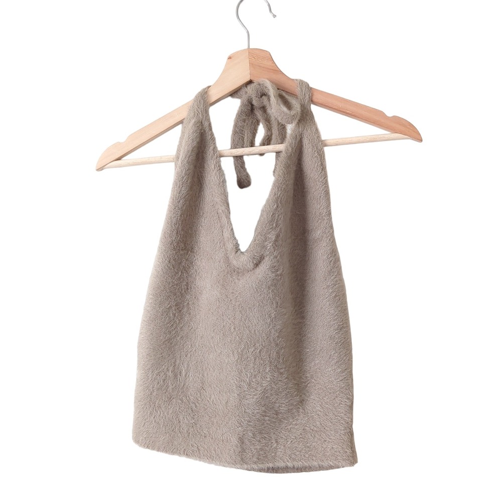 Gymshark x Whitney Simmons Women's Fuzzy Eyelash Knit Halter Top Brown Beige M